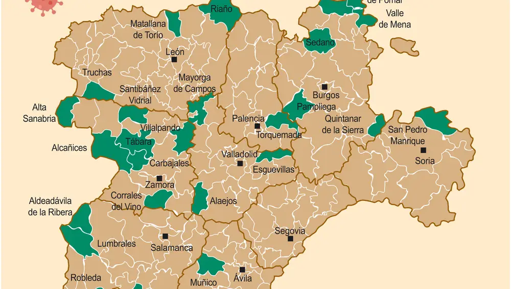 En verde, las zonas básicas de salud que pasarán a la fase 1 el lunes 11 de mayo en Castilla y León