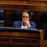 El vicepresidente Pablo Iglesias, hoy, en el Pleno del Congreso para votar una nueva prórroga del estado de alarma