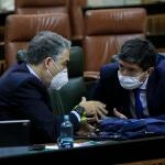 Elías Bendodo conversa con Juan Marín en el Parlamento