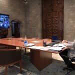 El presidente de la Generalitat, Quim Torra, en la 14 videoconferencia de presidentes autonómicos con el Gobierno, a 14 de junio de 2020.