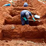 Sepultureros del cementerio de Vila Formosa, el más grande de América Latina, abren nuevas fosas para realizar más entierros dada la pandemia COVID-19, en Sao Paulo (Brasil)