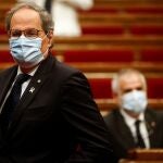 El presidente de la Generalitat, Quim Torra, a su llegada a la cámara catalana en el último pleno del Parlament