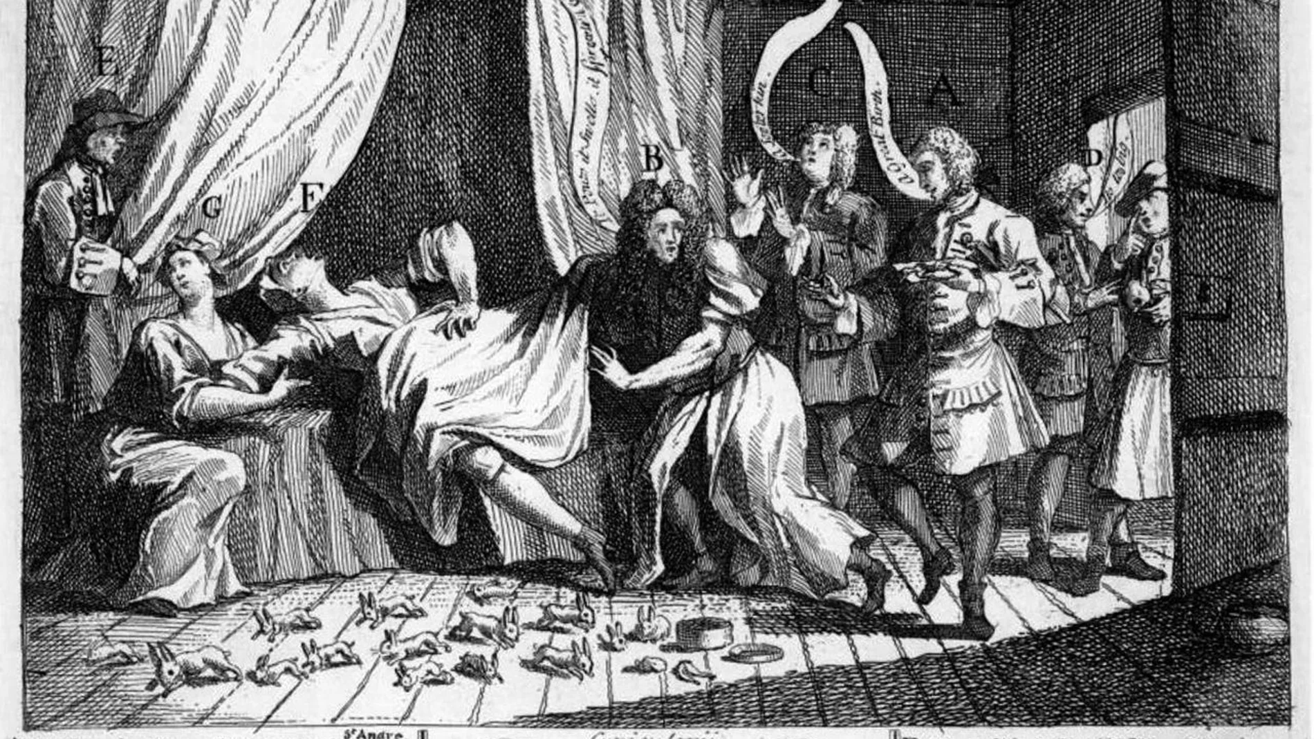 Un grabado de la época ilustrando el extraño parto de Mary Toft