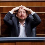 El vicepresidente segundo del Gobierno, Pablo Iglesias, durante a la última sesión de control al Ejecutivo bajo el estado de alarma.