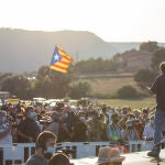 El líder de ERC, Oriol Junqueras interviene en la comparecencia que él hace con los otros presos del 1-O hacen antes de su nuevo ingreso en prisión en Sant Joan de Vilatorrada, localidad próxima a la prisión de Llenoders, Barcelona, Catalunya (España), a 28 de julio de 2020. El Juzgado de Vigilancia Penitenciaria 5 de Catalunya ha aceptado hoy suspender el tercer grado de cinco de los presos del 1-O a raíz del recurso que la Fiscalía Provincial de Barcelona ha presentado este martes.Pau Venteo / Europa Press28/07/2020