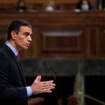 El presidente del Gobierno, Pedro Sánchez, durante su intervención en el pleno del Congreso de este miércoles