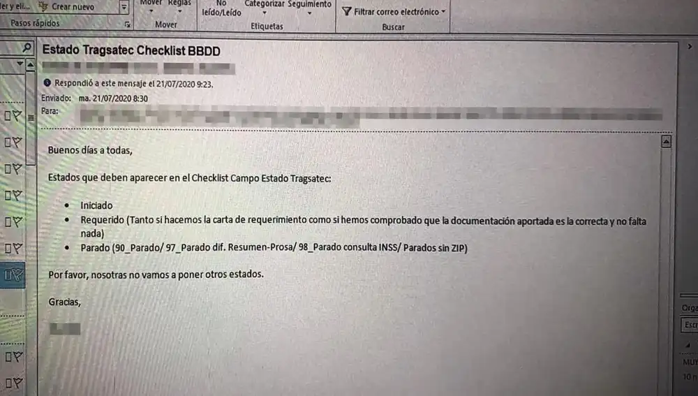 Email enviado por Tragsatec a los tramitadores
