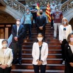 GRAFCAT1046. BARCELONA (ESPAÑA), 02/09/2020.-(de izquierda a derecha y de abajo a arriba ). La delegada del Gobierno en Cataluña , Teresa Cunillera, la ministra Reyes Maroto , la consellera Àngels Chacón , la directora general de indústria de la Generalitat , Matilde Vilarroya, el secretario general de Indústria del ministerio , Raul Blanco, el responsable de Operaciones Industriales de Nissan en España, Frank Torres y los representantes sindicales, Javier Hernández Alvarín(UGT), Miguel Ángel Boiza (CCOO), Angel Javier Turrillo (CGT ), Miguel Ruiz Hernandez(SIGEN-USOC) posan para la foto de familia tras la primera reunión del comité de reindustrialización de Nissan realizada hoy en la Delegación del Gobierno en Cataluña.EFE/ Quique García POOL