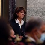 La fiscal general del Estado, Dolores Delgado, interviene durante la inauguración del año judicial, este lunes en el Salón de Plenos del Tribunal Supremo, en Madrid. El rey Felipe VI inauguró un año judicial totalmente inaudito, marcado por las restricciones de la COVID-19, que hicieron que, al protocolo habitual de este solemne acto, se sumara el sanitario para cumplir con las medidas de seguridad impuestas por la pandemia.