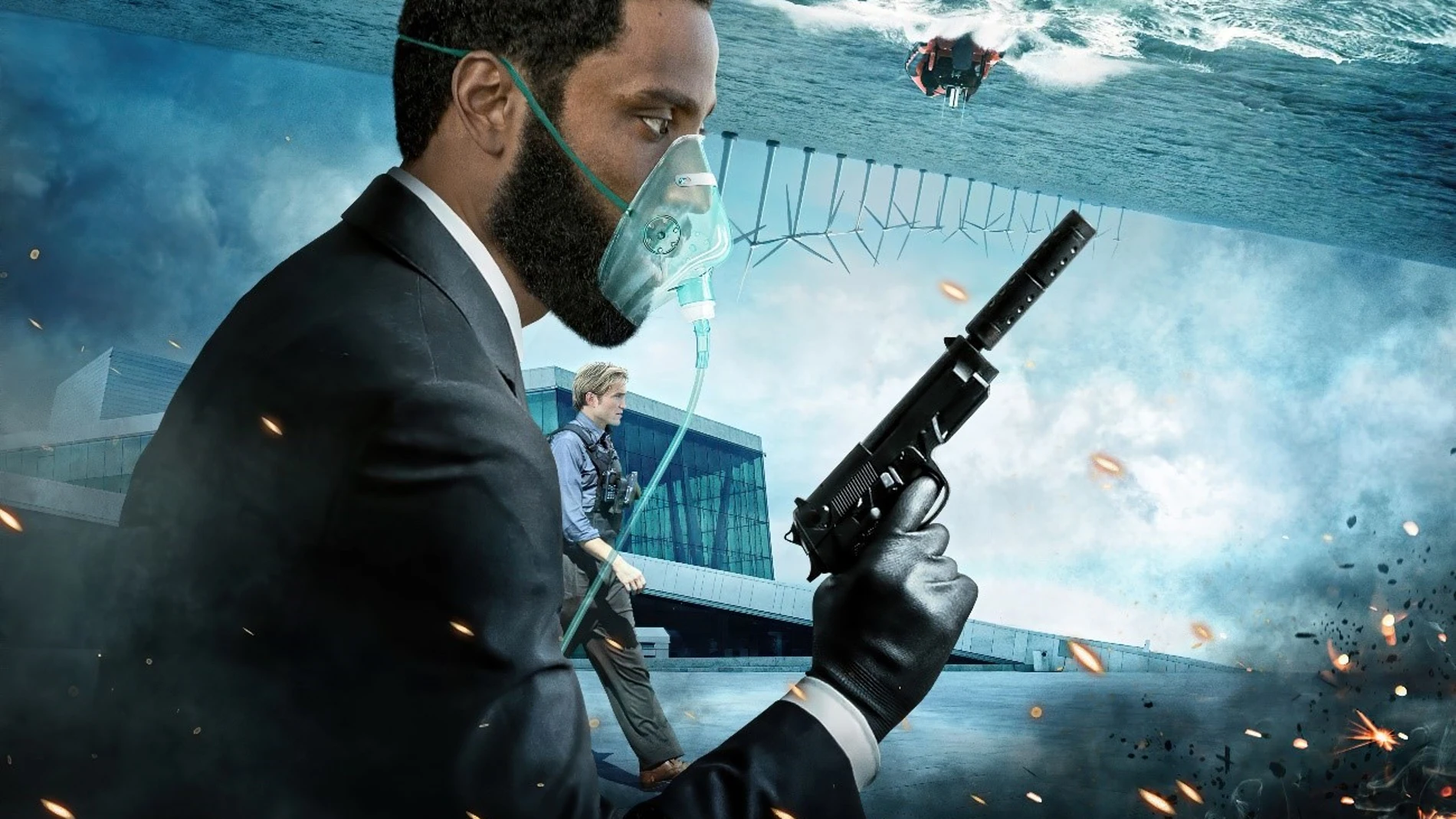 Imagen promocional de la película Tenet, de Christopher Nolan. En la imagen se muestra a El Protagonista en primer plano (John David Washington) y a Neil detrás de él (Robert Pattinson).