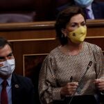 La vicepresidenta primera del Gobierno, Carmen Calvo, durante su intervención en la sesión de control al Ejecutivo