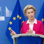 La presidenta de la Comisión Europea, Ursula Von Der Leyen, durante una rueda de prensa en Bruselas