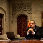 El presidente de la Generalitat, Quim Torra, durante la reunión del Comité de Crisis por la Covid-19 en Cataluña.