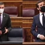 Montaje fotográfico de las intervenciones del presidente del Gobierno, Pedro Sánchez, y del líder del PP, Pablo Casado, durante la sesión de control al Gobierno en el CongresoEUROPA PRESS/E.PARRA. POOL30/09/2020
