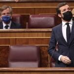 El líder del PP, Pablo Casado, durante su intervención en la sesión de control al gobierno en el Congreso de los Diputados
