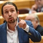 El vicepresidente segundo del Gobierno y líder de Unidas Podemos, Pablo Iglesias, interviene durante la sesión de control en el Senado.