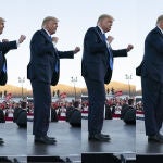 El presidente Donald Trump baila en un acto de campaña en el aeropuerto de Carson City, ayer