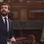 El presidente del PP, Pablo Casado, interviene durante la segunda sesión del pleno en el que se debate la moción de censura