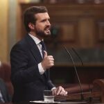 El presidente del PP, Pablo Casado, interviene durante la segunda sesión del pleno