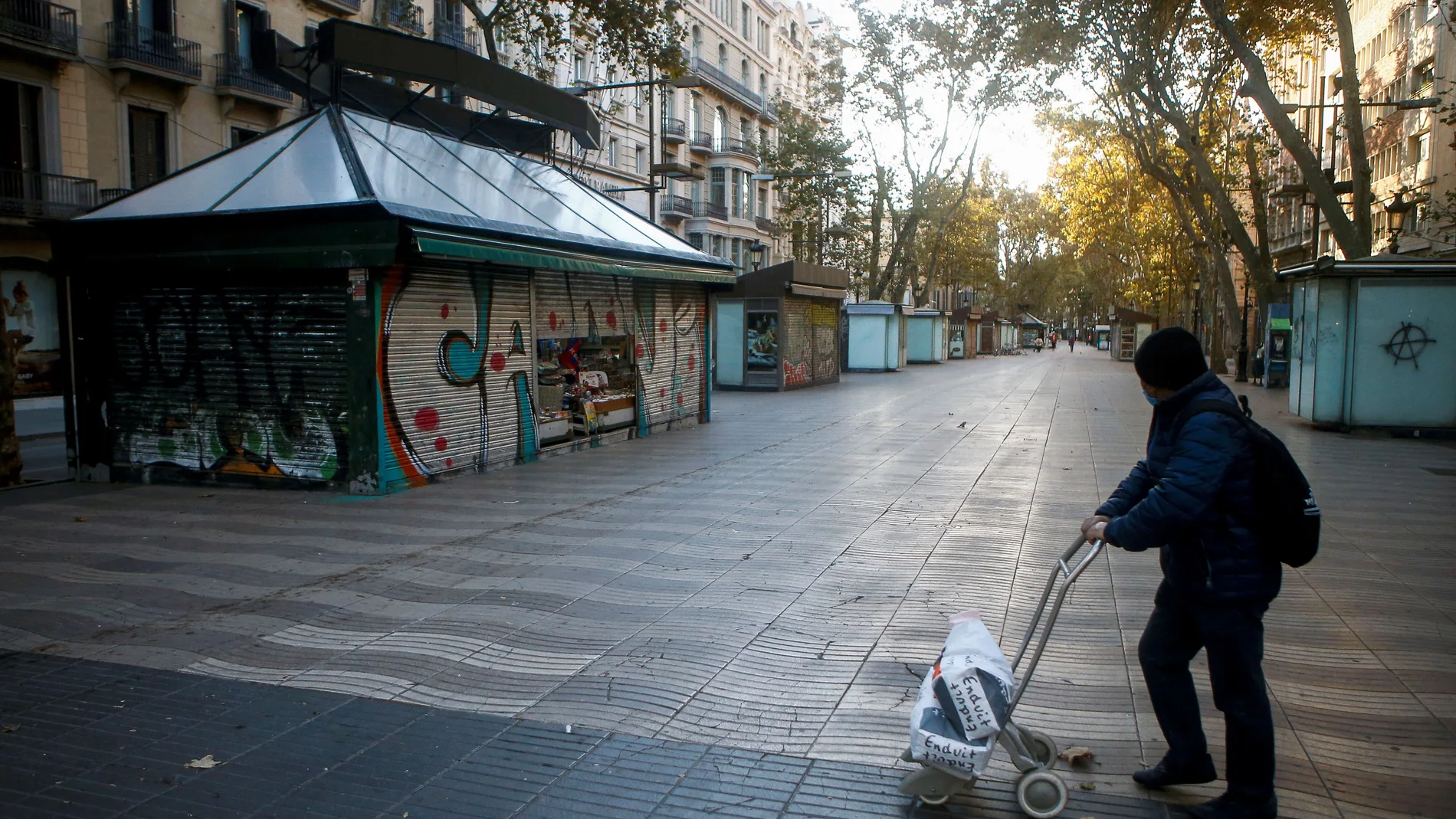 Las Ramblas de Barcelona, vacías durante el confinamiento.