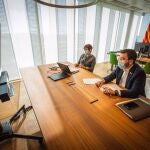 El vicepresidente de la Generalitat, Pere Aragonès, durante una reunión para abordar los detalles del decreto ley