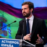 El líder del PP, Pablo Casado en la sede del partido