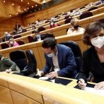 La vicepresidenta del gobierno Carmen Calvo y el vicepresidente Pablo Iglesias, hoy martes durante la sesión de control al Gobierno