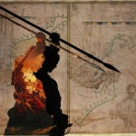 Montaje de la silueta de María Pita sobre un mapa con el ataque de la Contra Armada a La Coruña en 1589.