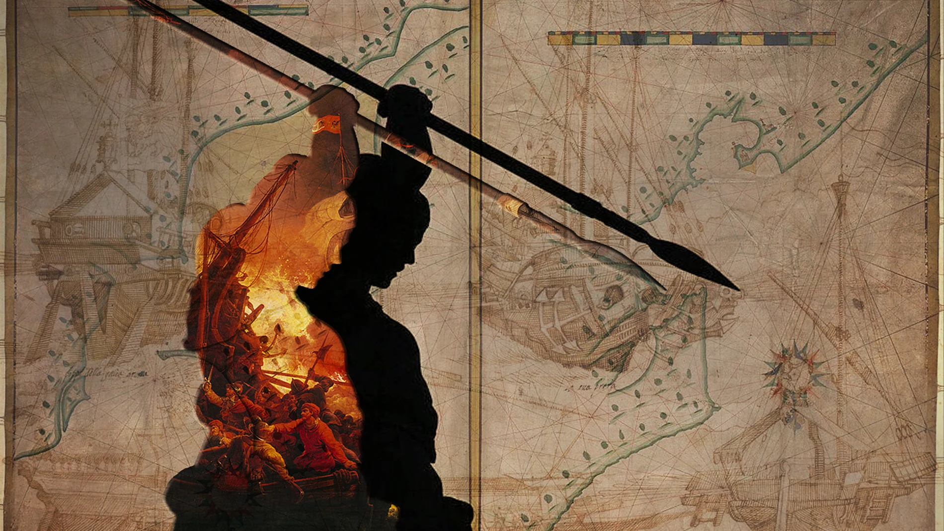 Montaje de la silueta de María Pita sobre un mapa con el ataque de la Contra Armada a La Coruña en 1589.