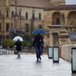 CÓRDOBA.-Unas personas se protegen con paraguas de la lluvia mientras caminan por el Puente Romano de Córdoba. EFE/Salas