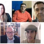 Participaron, de izquierda a derecha y de arriba a abajo, Sara Barberá, Gerente de Sostenibilidad, Calidad y Medioambiente del Área de Servicios Urbanos y Medioambiente de Acciona.; Luis Mecati, Subdirector de Economía Circular de FEMP; Vicente Galván López, Director General de Economía Circular de la Comunidad de Madrid; Ángel Fernández Homar, Presidente de la Fundación para la Economía Circular y Luis Morales, consultor de economía circular y fundador de CIDEC