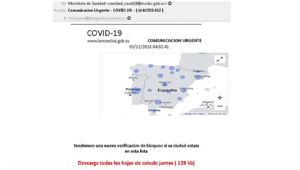 Así es el correo electrónico que suplanta al Ministerio de Sanidad