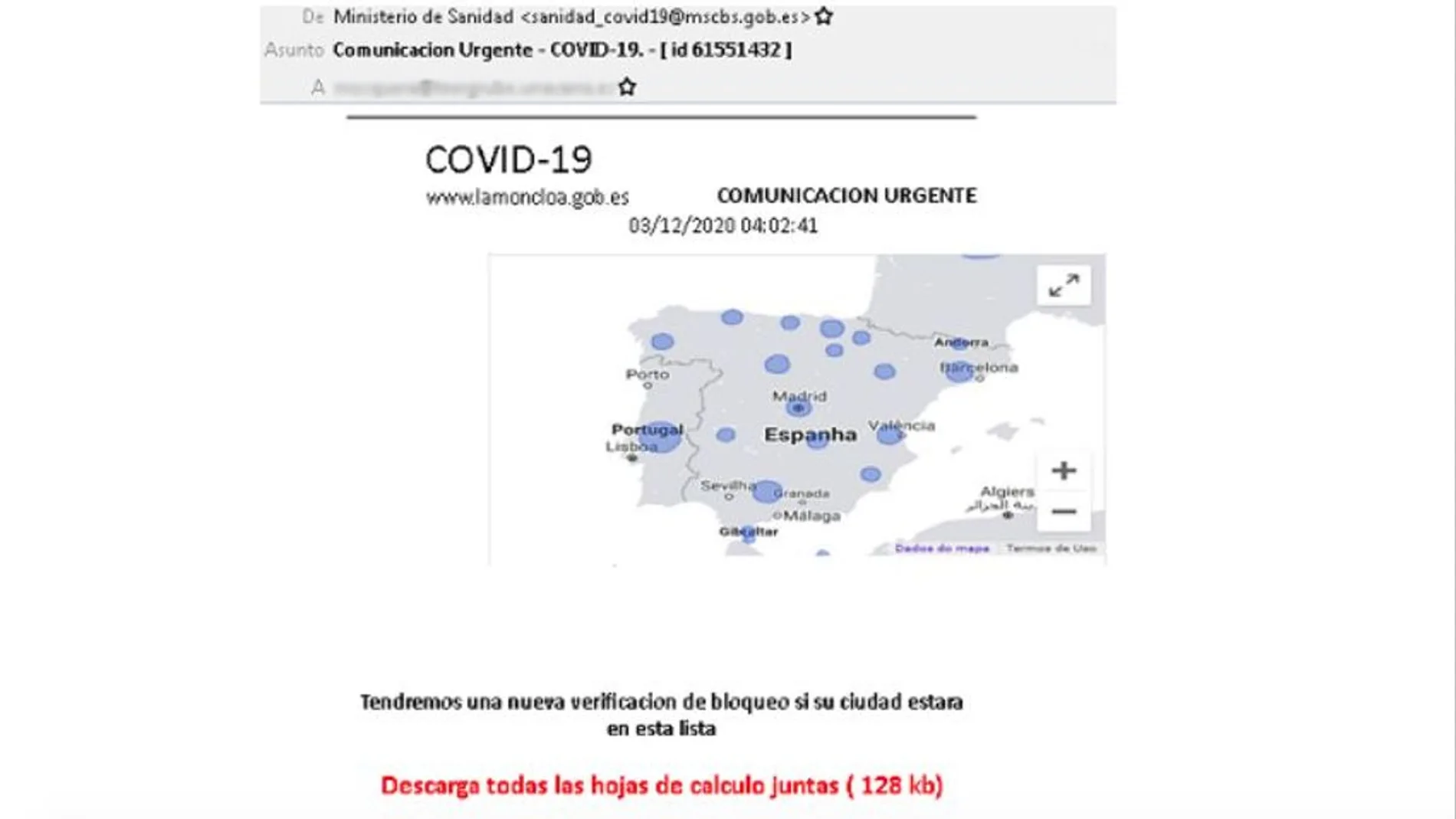 Así es el correo electrónico que suplanta al Ministerio de Sanidad