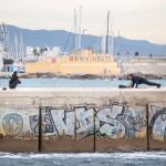 Dos personas hacen ejercicio en la playa de Barcelona mientras la velocidad de transmisión (Rt) sigue al alza por cuarto día consecutivo y la movilidad de los catalanes no se frena. EFE/Marta Pérez