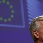 El negociador jefe de la UE, Michel Barnier, en la rueda de prensa de esta tarde en Bruselas