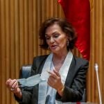 La vicepresidenta primera del Gobierno, Carmen Calvo, arranca la ronda de comparecencias ante la Comisión para la Reconstrucción creada en el Congreso que tratará de acordar una serie de propuestas frente a los efectos sociales y económicos de la crisis del coronavirus.