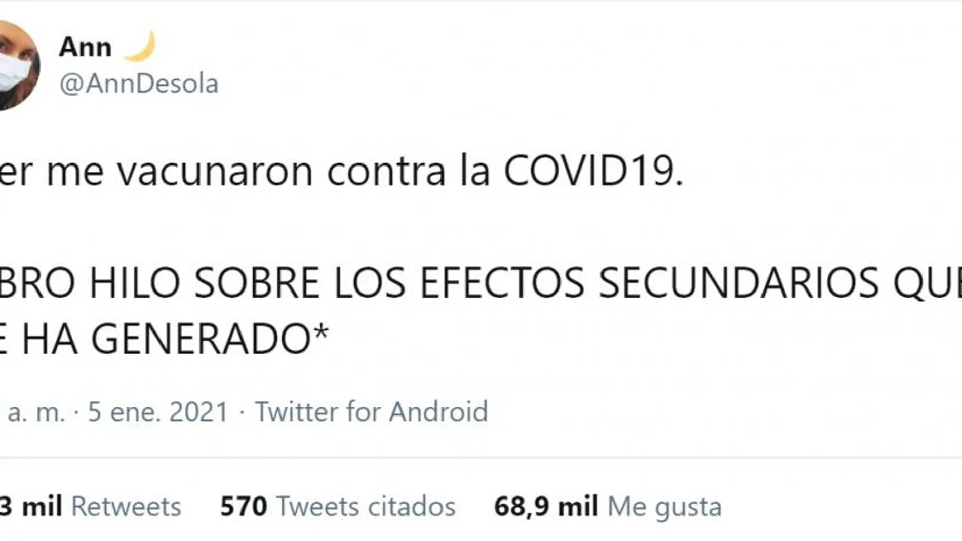 El impactante tuit de una española sobre los efectos secundarios de la vacuna