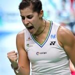 Carolina Marín celebra un punto ganado en la final del Abierto de Tailandia ante Tai Tzu Ying
