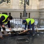 Operarios municipales limpian alcantarillas en el entorno de Cibeles, antes de que lleguen las lluvias a la capital.