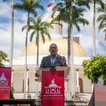 El presidente de la Asamblea Nacional chavista, Jorge Rodríguez, en declaraciones a la prensa en el Palacio Federal Legislativo