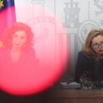 La ministra Portavoz y de Hacienda, María Jesús Montero (i) y la vicepresidenta tercera y ministra de Asuntos Económicos, Nadia Calviño (d) durante una rueda de prensa tras el Consejo de Ministros