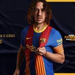 Puyol posa con la camiseta que el Barcelona lucirá en el clásico