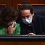 Carmen Calvo y Pablo Iglesias, hoy en el Pleno del Congreso