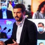 El presidente del Partido Popular, Pablo Casado durante un acto central de campaña electoral en L'Hospitalet de Llobregat en Barcelona