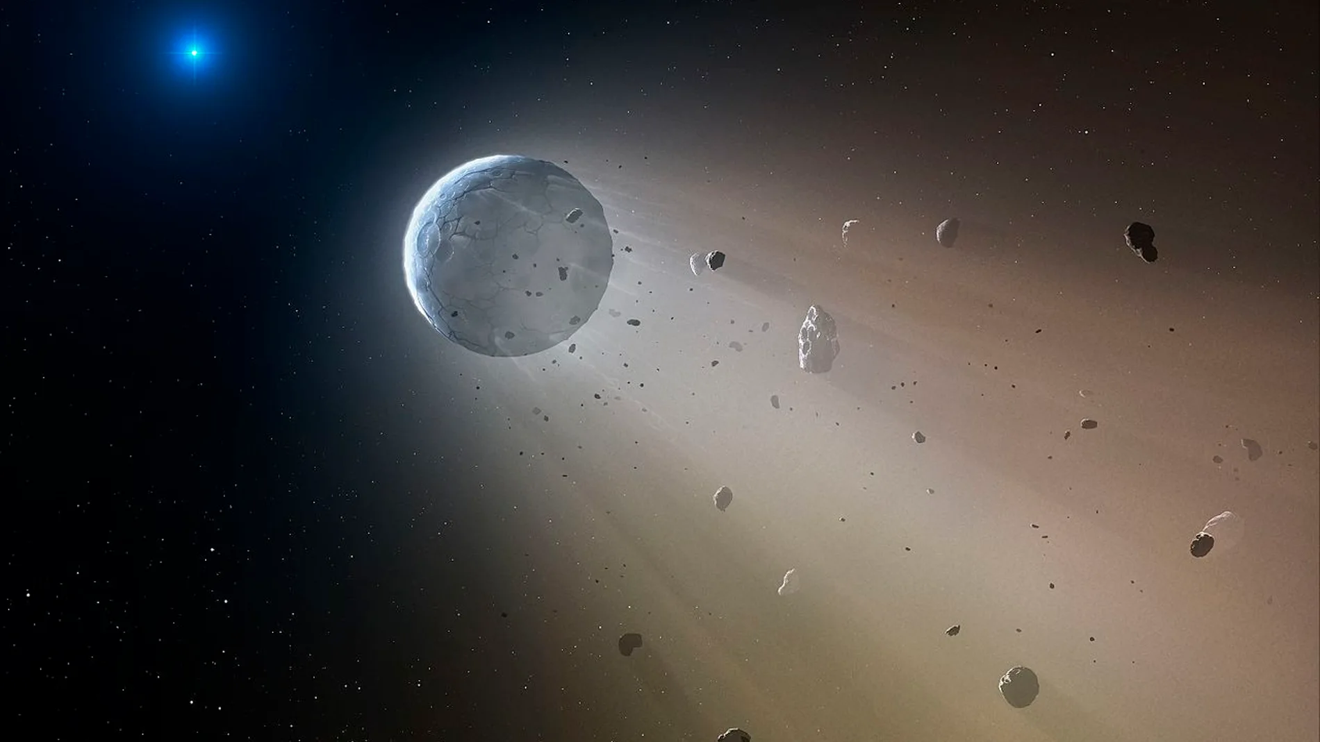 Impresión artística de una enana blanca vaporizando un planeta enano que orbita a su alrededor.