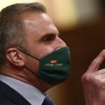 El secretario general de Vox y portavoz del partido en el Ayuntamiento de Madrid, Javier Ortega Smith durante su intervención en el Congreso