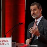 MADRID, 26/02/2021.- El rey Felipe durante su intervención en la entrega del Premio Nacional Pyme del Año 2020, en un acto organizado por Banco Santander y Cámara de España, este viernes en la sede del Banco Santander, en Madrid. EFE/ J.J. Guillén/POOL