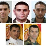 Los fallecidos en el accidente: Sergio Valdepeñas, Mario Hernández, Miguel Ángel Díaz, Víctor Manuel Zamora y Javier Muñoz Gómez (de izda. a dcha. y de arriba a abajo)