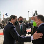 El presidente de la Junta de Andalucía, Juanma Moreno; el vicepresidente de la Junta de de Andalucía, Juan Marín; el consejero de Educación y Deportes, Javier Imbroda; y el consejero de la Presidencia, Elías Bendodo; durante el acto con motivo del Día de Andalucía en el Parlamento