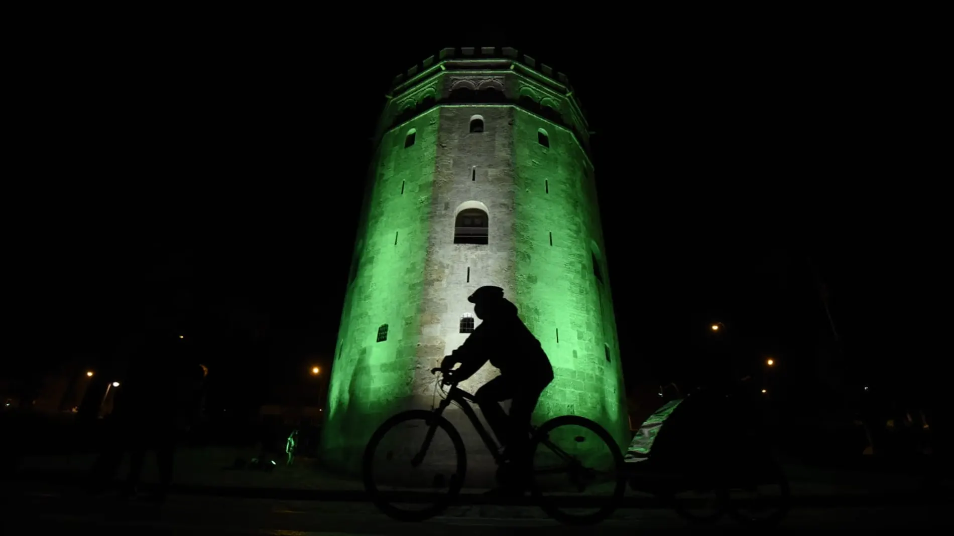 La Torre del Oro, con la bandera de Andalucía